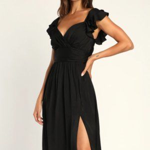 Lulus Regal Ruffles Black Satin Flutter Sleeve Midi Dress - L, Black